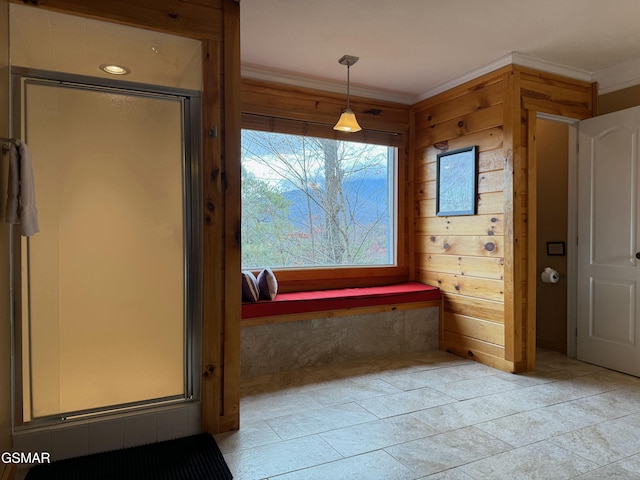 interior space featuring ornamental molding and wooden walls