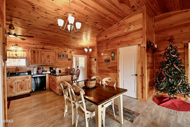 dining room featuring lofted ceiling, ceiling fan with notable chandelier, sink, light hardwood / wood-style floors, and wood ceiling