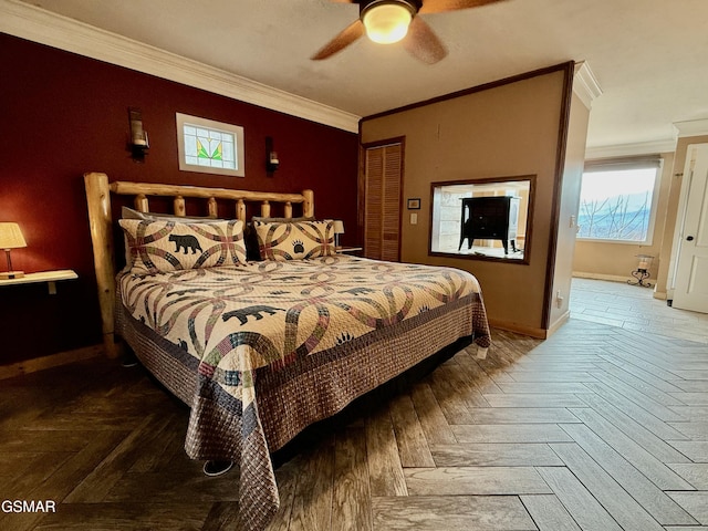 bedroom with a closet, ceiling fan, crown molding, and parquet floors