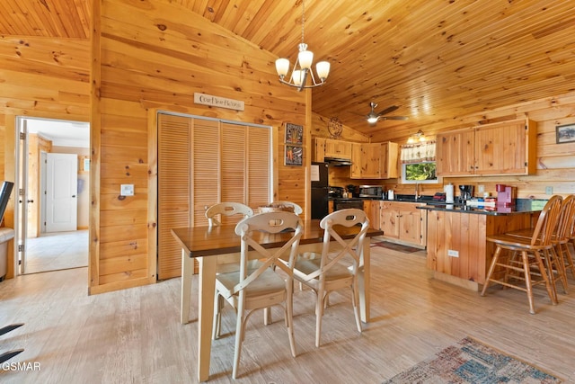 dining room with ceiling fan, wooden walls, wooden ceiling, and light wood-type flooring