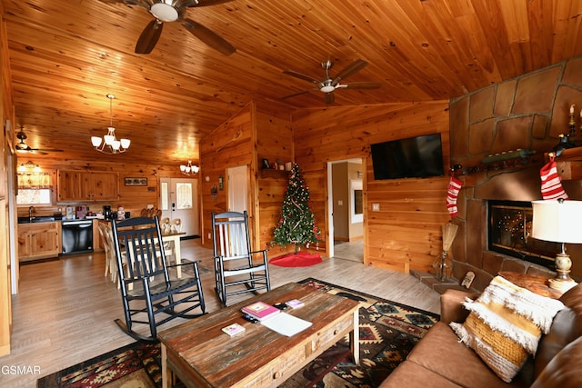 living room featuring light wood-type flooring, wood ceiling, vaulted ceiling, sink, and a notable chandelier