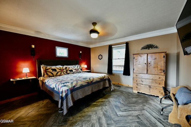 bedroom featuring crown molding, dark parquet floors, and ceiling fan