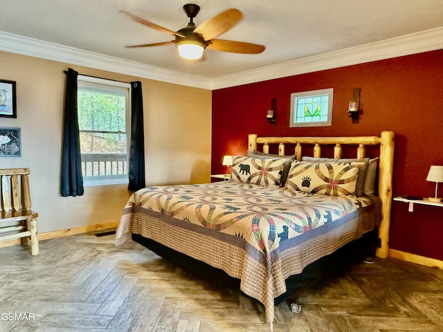 bedroom featuring ceiling fan, parquet floors, and ornamental molding