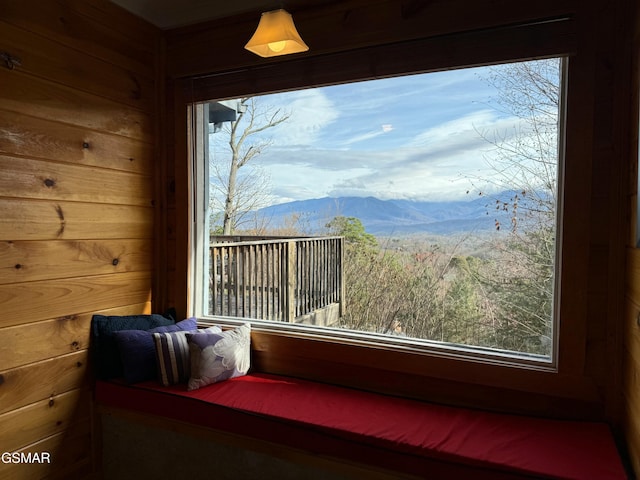 interior space featuring a mountain view, wood walls, and multiple windows