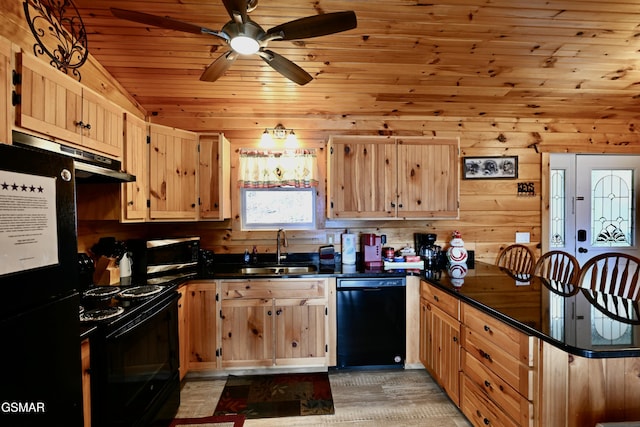 kitchen featuring wood ceiling, extractor fan, black appliances, sink, and lofted ceiling