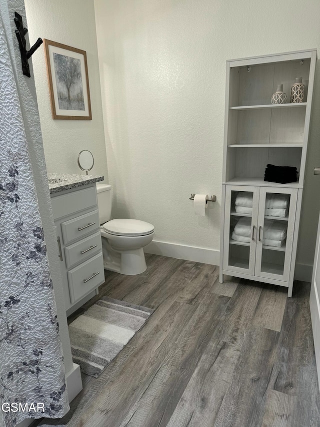 bathroom featuring vanity, baseboards, a textured wall, toilet, and wood finished floors