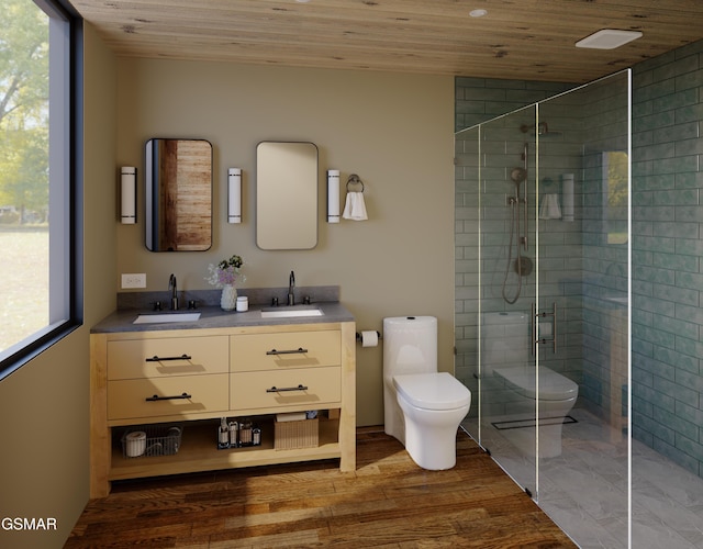 full bath featuring wood ceiling, a shower stall, toilet, and a sink