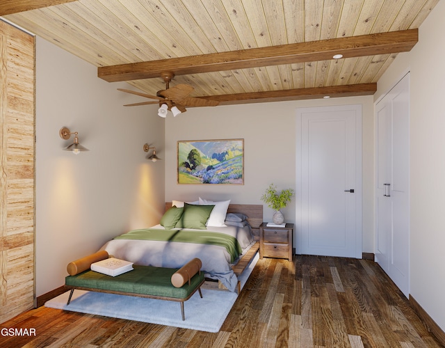 bedroom with wood ceiling, beamed ceiling, wood finished floors, and baseboards