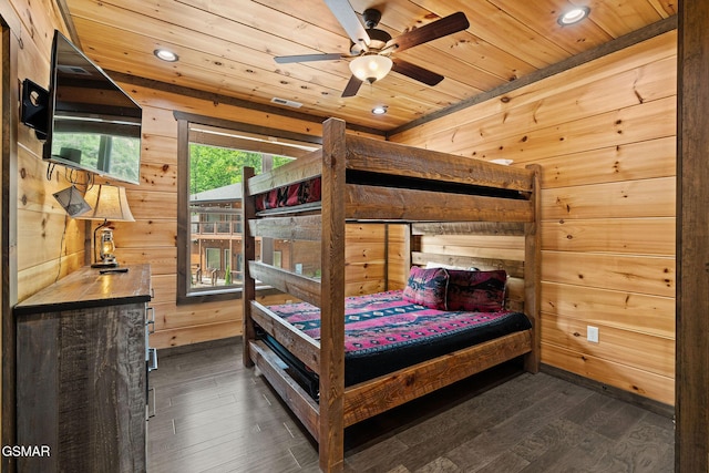 4541 Shangrila Way, Sevierville, TN 37876 - bedroom with wooden walls, recessed lighting, wood ceiling, and dark wood-type flooring