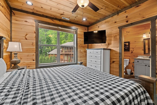 4541 Shangrila Way, Sevierville, TN 37876 - bedroom featuring recessed lighting, wood walls, wood ceiling, and visible vents