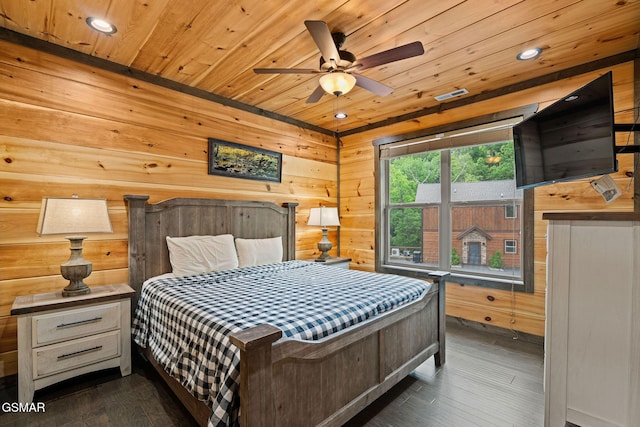 4541 Shangrila Way, Sevierville, TN 37876 - bedroom with recessed lighting, wood ceiling, dark wood-style flooring, and wooden walls