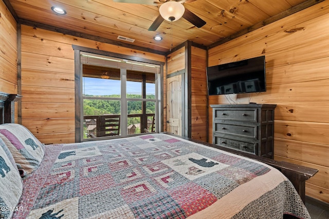 4541 Shangrila Way, Sevierville, TN 37876 - bedroom featuring visible vents, wood walls, recessed lighting, and wooden ceiling