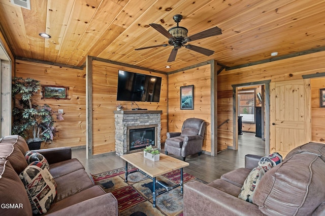 4541 Shangrila Way, Sevierville, TN 37876 - living area with wooden ceiling, a ceiling fan, wood walls, and wood finished floors