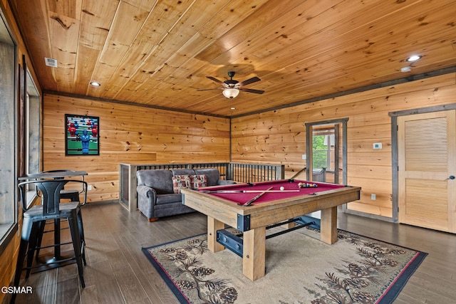 4541 Shangrila Way, Sevierville, TN 37876 - rec room with visible vents, ceiling fan, wooden walls, wood ceiling, and billiards