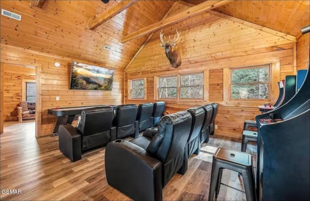 311 Caney Creek Rd, Pigeon Forge, TN 37863 - home theater room with wooden ceiling, wooden walls, and wood finished floors