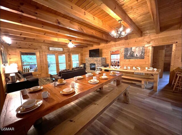 311 Caney Creek Rd, Pigeon Forge, TN 37863 - dining space featuring wooden walls, a fireplace, wood finished floors, a wood ceiling with exposed beams, and a chandelier