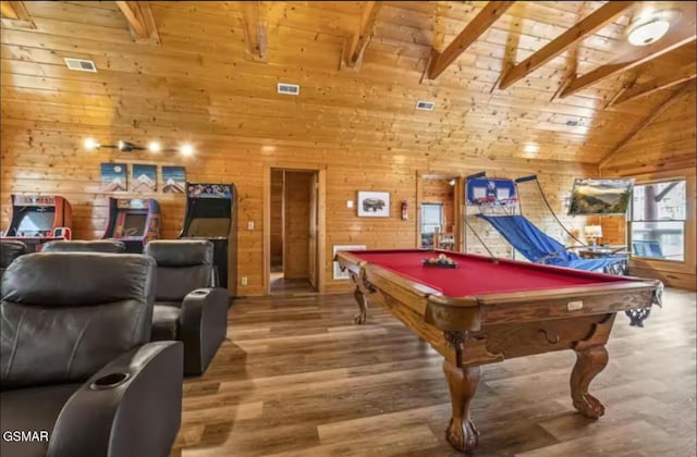 311 Caney Creek Rd, Pigeon Forge, TN 37863 - rec room with billiards, wood finished floors, a wooden ceiling with exposed beams, wooden walls, and high vaulted ceiling