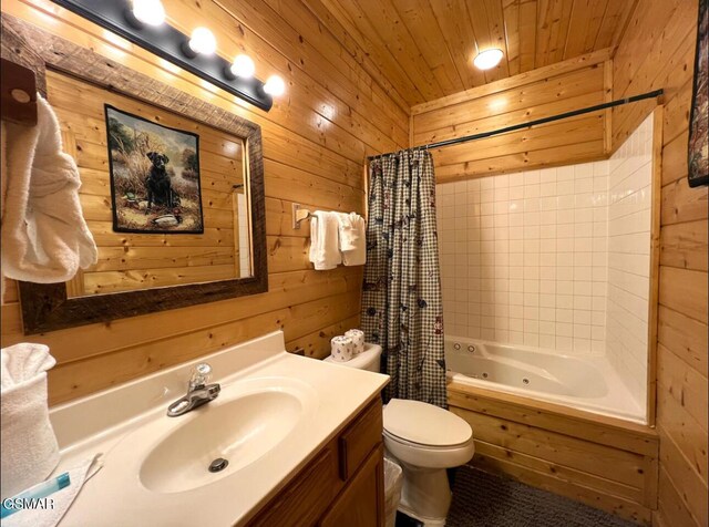311 Caney Creek Rd, Pigeon Forge, TN 37863 - bathroom featuring wood walls, vanity, a combined bath / shower with jetted tub, and wood ceiling