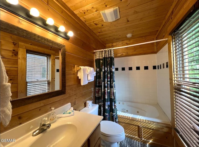 311 Caney Creek Rd, Pigeon Forge, TN 37863 - bathroom featuring wooden walls, vanity, shower / tub combo, and wooden ceiling