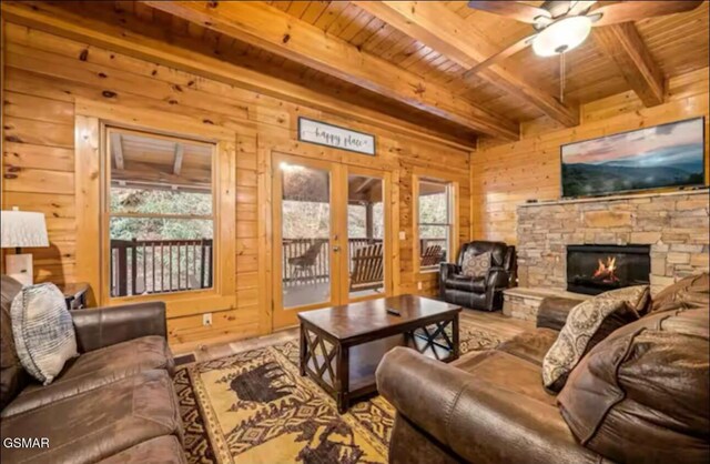 311 Caney Creek Rd, Pigeon Forge, TN 37863 - living room featuring a wood ceiling with exposed beams, french doors, wood walls, plenty of natural light, and ceiling fan