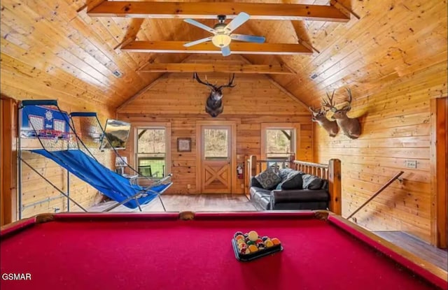 311 Caney Creek Rd, Pigeon Forge, TN 37863 - recreation room with billiards table, wood walls, wood ceiling, and ceiling fan