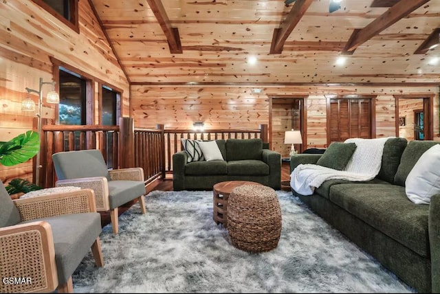 2623 Rogers Way, Sevierville, TN 37876 - living room with wooden ceiling, wood walls, vaulted ceiling with beams, and wood finished floors