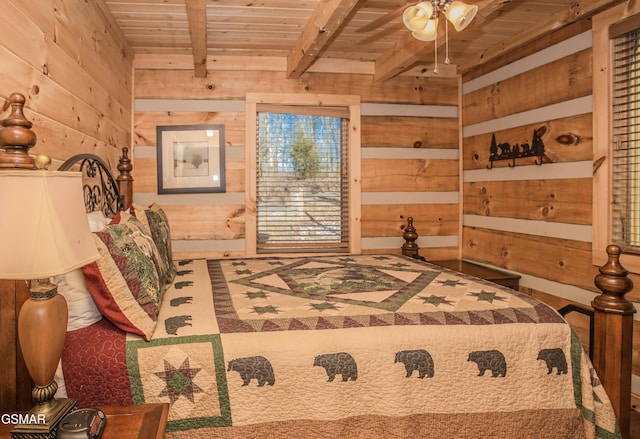 3510 Twin City Way, Pigeon Forge, TN 37863 - bedroom with wooden ceiling with exposed beams, wooden walls, and access to exterior