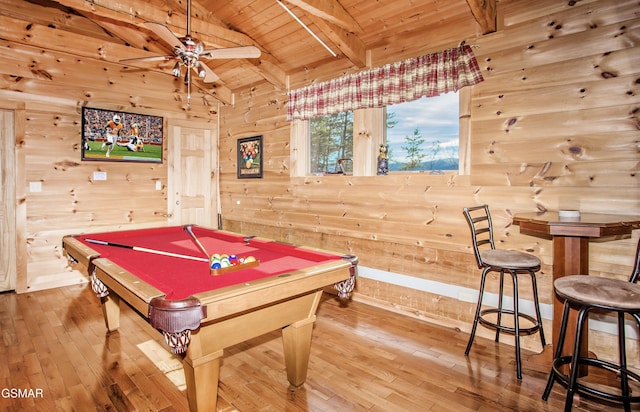 3510 Twin City Way, Pigeon Forge, TN 37863 - playroom with wood ceiling, pool table, hardwood / wood-style flooring, wood walls, and ceiling fan