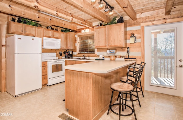 3510 Twin City Way, Pigeon Forge, TN 37863 - kitchen featuring white appliances, light brown cabinets, wood ceiling with exposed beams, light countertops, and a kitchen breakfast bar