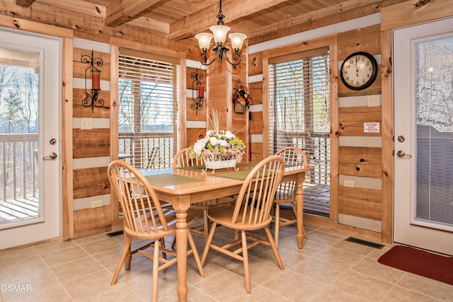 3510 Twin City Way, Pigeon Forge, TN 37863 - dining space featuring wooden ceiling with exposed beams, a chandelier, light tile patterned floors, and wooden walls