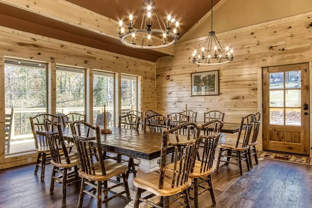 604 Cherokee Orchard Rd, Gatlinburg, TN 37738 - dining room with lofted ceiling, a chandelier, dark wood-style floors, and wooden walls