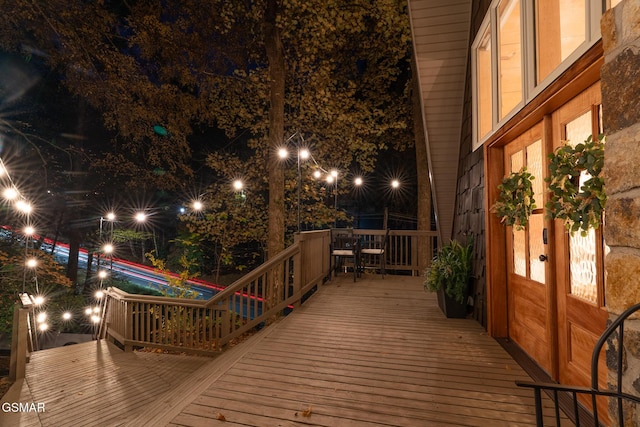 view of deck at night