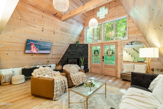 living area featuring wooden walls, wood ceiling, stairway, wood finished floors, and beam ceiling