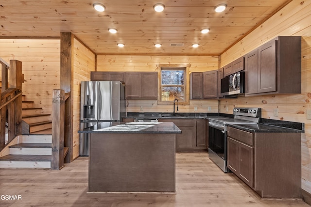 kitchen with sink, wooden ceiling, stainless steel appliances, light hardwood / wood-style flooring, and a kitchen island