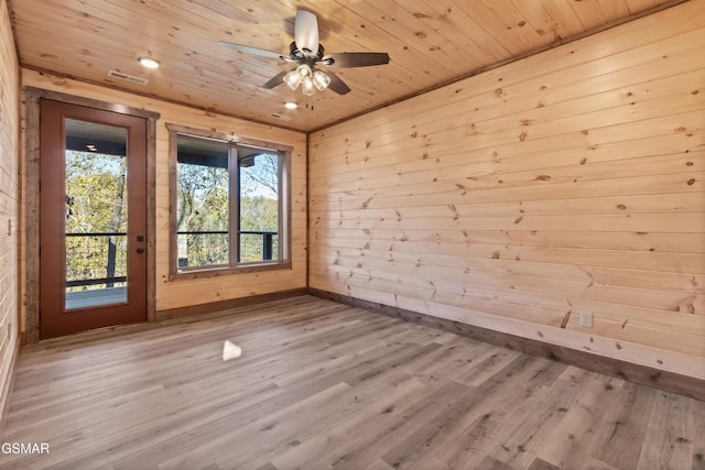 spare room with ceiling fan, wood ceiling, wooden walls, and light hardwood / wood-style flooring