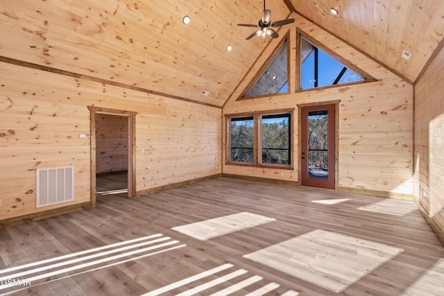 interior space featuring hardwood / wood-style floors, wooden ceiling, high vaulted ceiling, and wooden walls