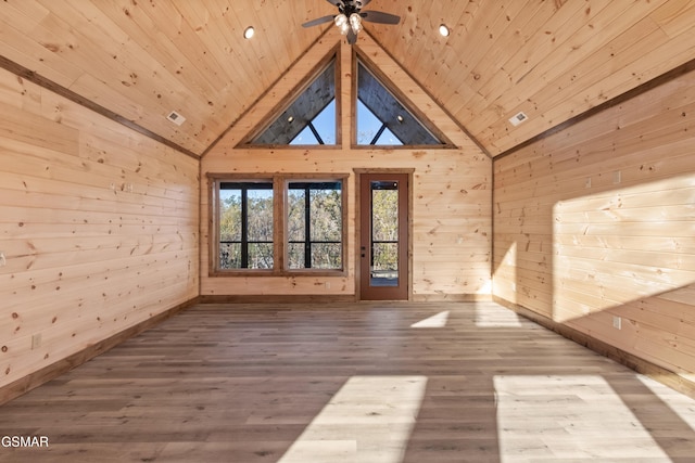 spare room featuring wood walls, high vaulted ceiling, wood ceiling, and wood-type flooring