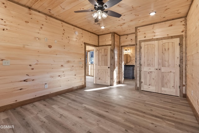 spare room with ceiling fan, wood-type flooring, wooden ceiling, and wooden walls