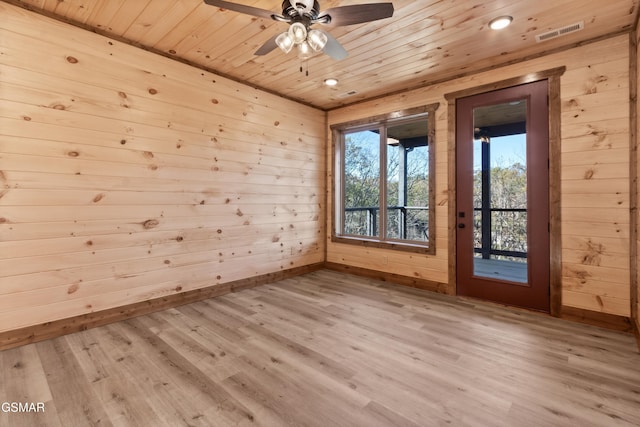 unfurnished room featuring light wood-type flooring, ceiling fan, wooden ceiling, and wood walls