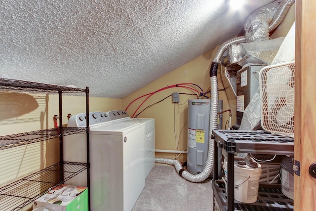 1435 Wiley Oakley Dr Unit 173, Gatlinburg, TN 37738 - laundry area featuring washer and dryer, a textured ceiling, electric water heater, and carpet flooring