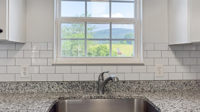 3206 Bativa Garden Ct, Sevierville, TN 37876 - kitchen view of a sink, white cabinetry, backsplash, and light stone counters