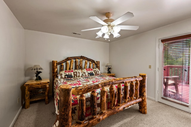 bedroom featuring ceiling fan, carpet floors, and access to outside