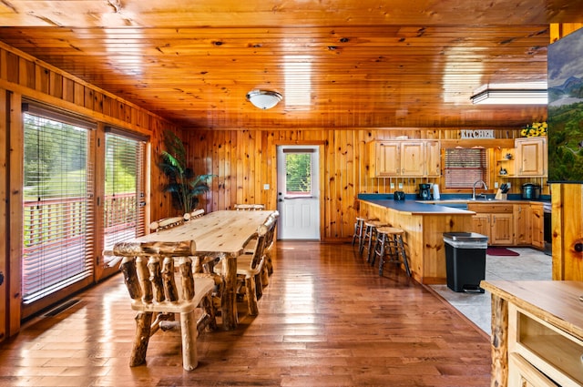 dining space with wooden ceiling, a wealth of natural light, wooden walls, and sink