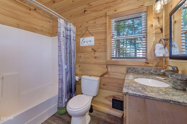 2319 Panther Way, Sevierville, TN 37876 - bathroom with vanity, wooden walls, shower / tub combo with curtain, wooden ceiling, and wood finished floors