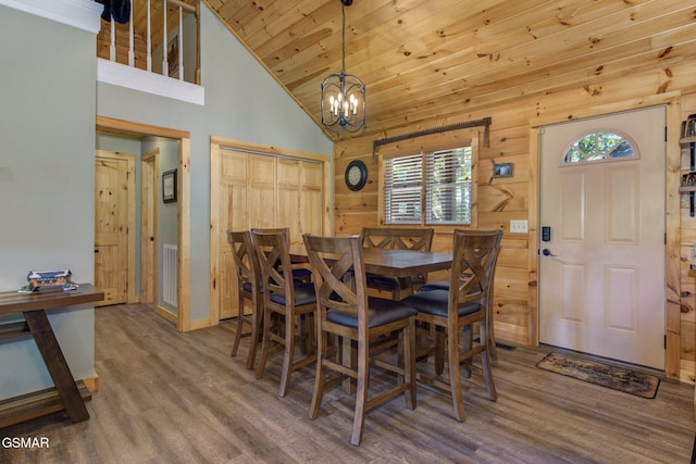 2319 Panther Way, Sevierville, TN 37876 - dining room with wooden ceiling, wood finished floors, a chandelier, high vaulted ceiling, and wooden walls