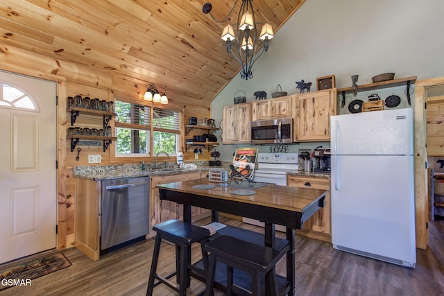 2319 Panther Way, Sevierville, TN 37876 - kitchen featuring open shelves, appliances with stainless steel finishes, wooden ceiling, dark wood-style floors, and a chandelier
