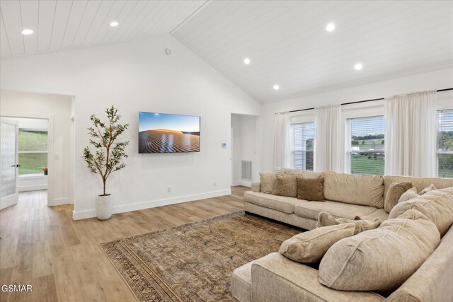 living room featuring light wood-type flooring and high vaulted ceiling