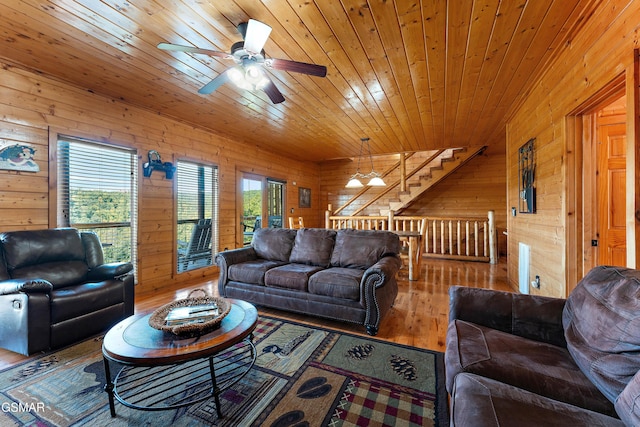 living room featuring wooden ceiling, plenty of natural light, wooden walls, and wood finished floors