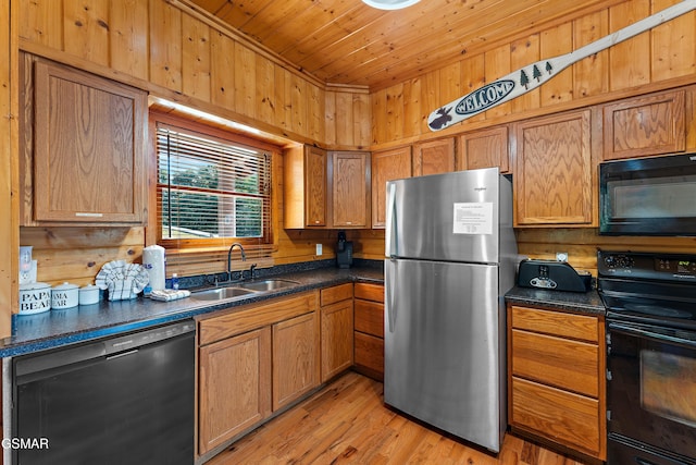 kitchen with dark countertops, a sink, wood walls, wooden ceiling, and black appliances