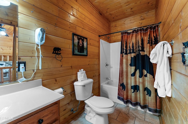 bathroom with wood ceiling, shower / tub combo, wood walls, and toilet